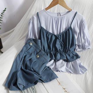 Set: Short-sleeve Blouse + Spaghetti Strap Top + Shorts