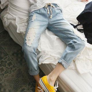 Drawstring-waist Distressed Washed Jeans