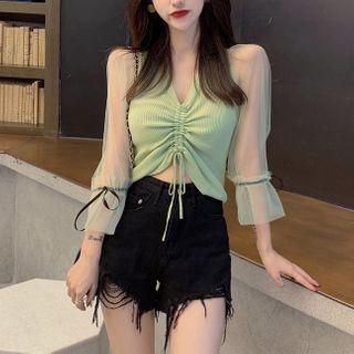 Mesh Panel Drawstring Knit Top / Distressed Denim Shorts