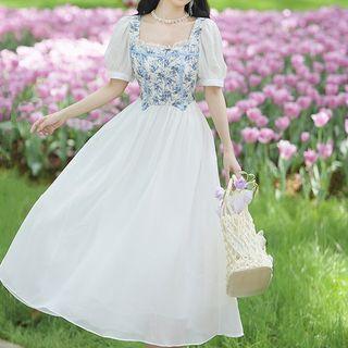 Puff-sleeve Square-neck Floral Panel Midi A-line Dress
