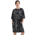 Elbow-sleeve Printed Shift Dress Black - One Size