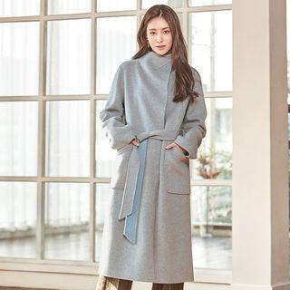 Mock-neck Wool Blend Coat With Sash