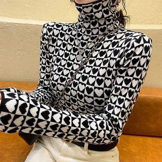Mock-neck Heart Print Knit Top