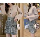 Set: Long-sleeve Top + Plaid Skirt