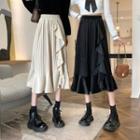 Irregular Ruffle Trim Pleated Midi A-line Skirt