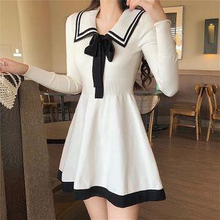 Tie Neck Long-sleeve Knit A-line Dress