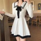 Tie Neck Long-sleeve Knit A-line Dress