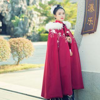 Floral Embroidered Hooded Furry Cape