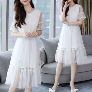 Short-sleeve Sheer Panel A-line Midi Sheer Dress