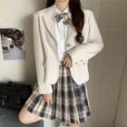 Plain Blazer / Tie-neck Shirt / Plaid Pleated Mini A-line Skirt