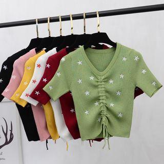 Star Embroidered Short-sleeve Drawstring Knit Top