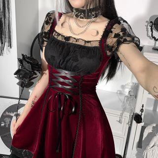 Puff-sleeve Mesh Panel Lace-up A-line Dress