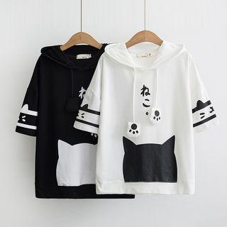 Short-sleeve Hooded Cat Print Top