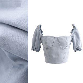 Puff-sleeve Zip-back Denim Cropped Top