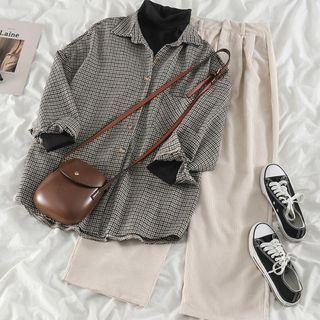 Plaid Shirt / Corduroy Wide-leg Pants