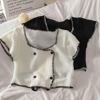 Short-sleeve Contrast Trim Double-breasted Knit Top