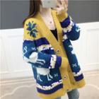 Deer Print V-neck Cardigan / Scarf / Set