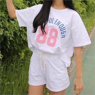 Set: Round-neck Lettering T-shirt + Sweat Shorts