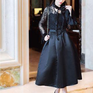 Set: Tie-neck See-through Lace Top + Pleated A-line Skirt