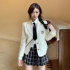 Long-sleeve Plain Shirt + Tie + Logo Blazer + Mini Skirt