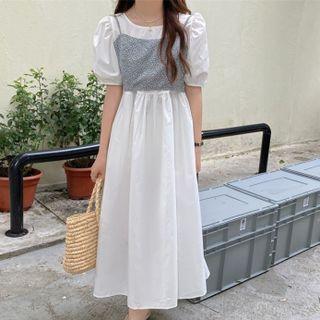 Set: Puff-sleeve Midi A-line Dress + Floral Print Tie-back Camisole Top