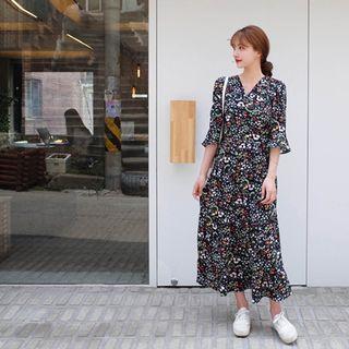 3/4-sleeve Floral Long Dress