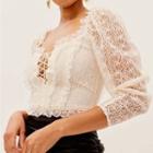 Long-sleeve Lace-up Lace Crop Top