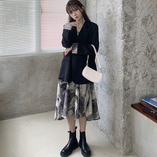 Plain Blazer / Printed Spaghetti Strap Midi Shift Dress