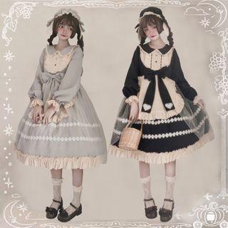 Lace Trim Long-sleeve Midi A-line Dress / Bow Accent Earflap Hat