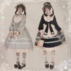 Lace Trim Long-sleeve Midi A-line Dress / Bow Accent Earflap Hat