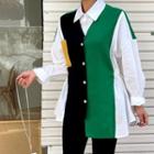 Tie-waist Knit-panel Shirt Green - One Size