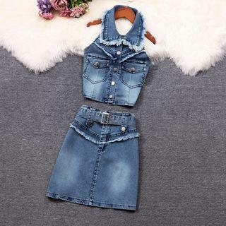 Set: Halter Distressed Denim Camisole Top + Mini Skirt