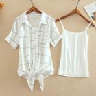 Plaid Short-sleeve Chiffon Shirt + Camisole Top Set