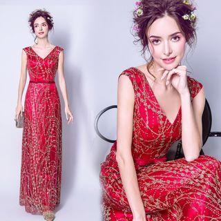 Sleeveless Sequined V-neck Evening Gown