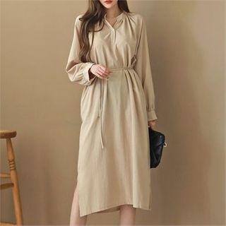 Mandarin-collar Long Dress With Sash