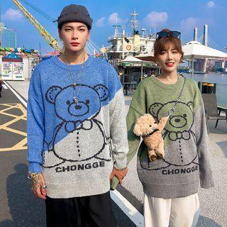 Cartoon Bear Lettering Round Neck Sweater