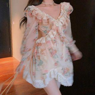 Long-sleeve Lace Trim Floral Print Mini Dress