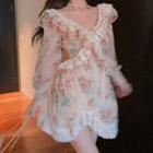Long-sleeve Lace Trim Floral Print Mini Dress