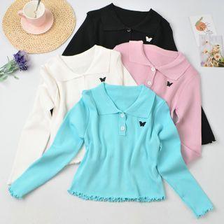 Long-sleeve Butterfly Embroidered Knit Cropped Polo Shirt
