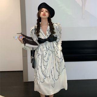 Long-sleeve Chain Print Midi Shift Dress / Bralette