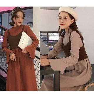 Set: Long-sleeve Knit Midi Dress + Knit Vest