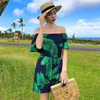 Off-shoulder Short-sleeve Leaf Print Playsuit