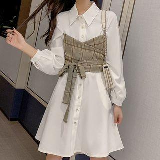 Long-sleeve Plaid Paneled Buttoned A-line Mini Dress