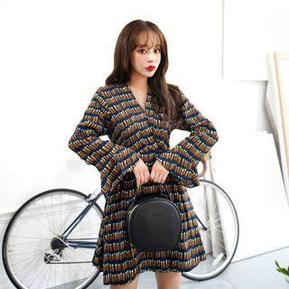 Wrap-front Bell-sleeve Patterned Dress Navy Blue - One Size