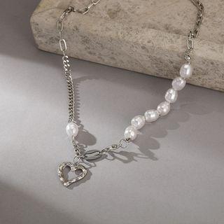 Heart Pendant Faux Pearl Alloy Necklace 54401 - Silver - One Size