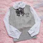 Plain Shirt / Bow Tie / Embroidered Knit Vest / Set