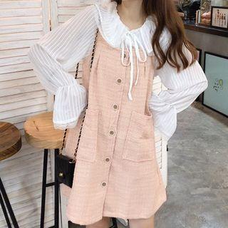 Long-sleeve Blouse / Spaghetti Strap Buttoned A-line Mini Dress