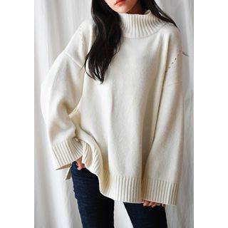 Mock-neck Wool Blend Pointelle Sweater