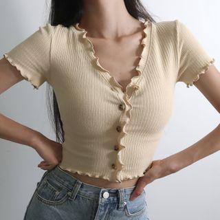 Plain Ruffled-trim Short-sleeve Knit Top