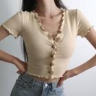 Plain Ruffled-trim Short-sleeve Knit Top